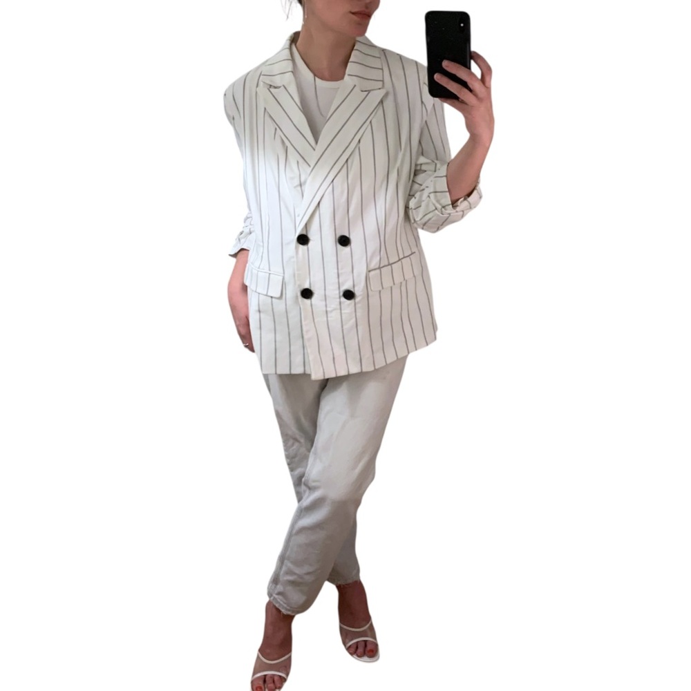 NWOT A NEW DAY 100% Cotton White Black Pinstripe Double Breasted Blazer - sz 16W - Picture 11 of 16